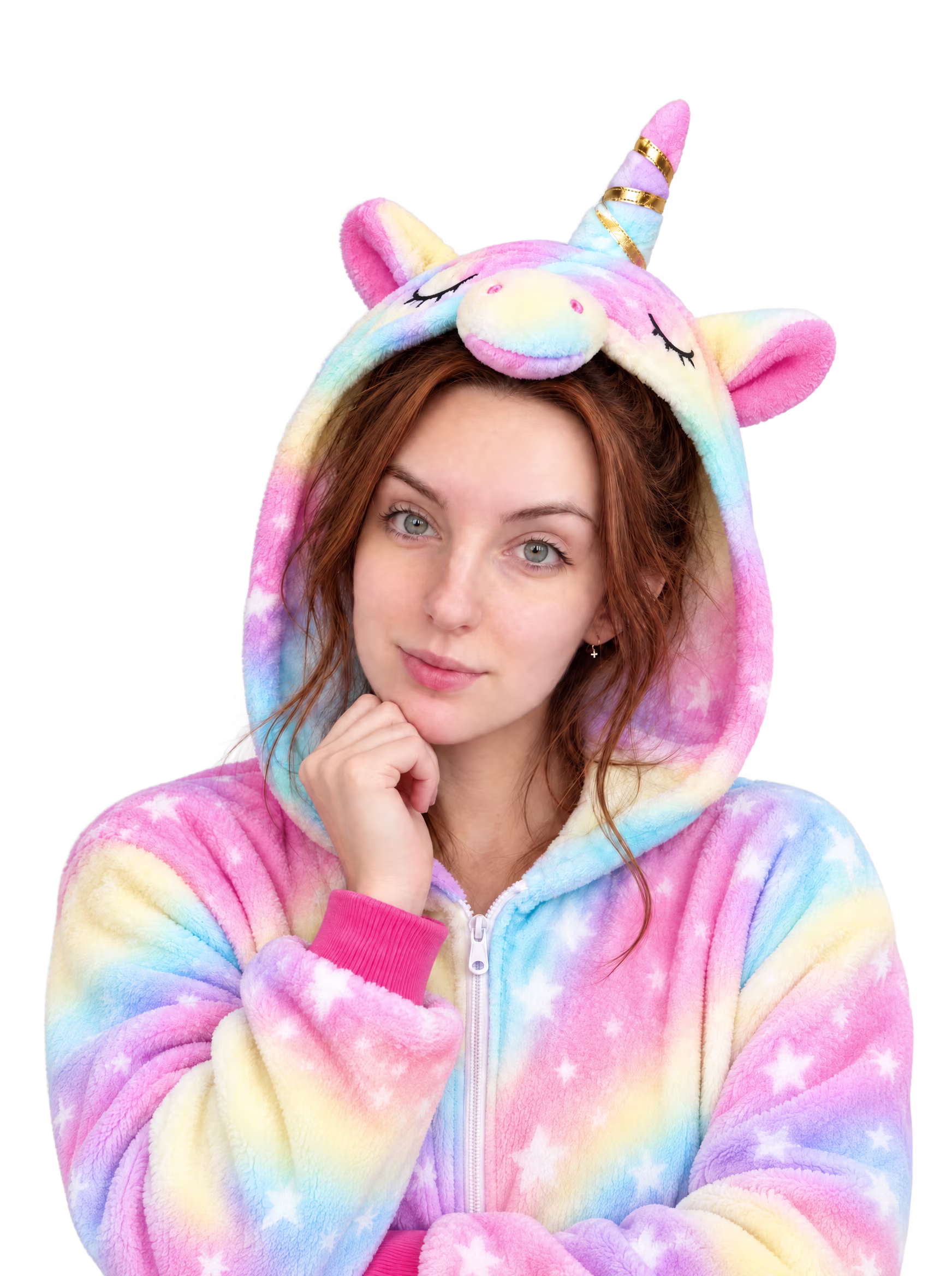 Aryna smiling in a rainbow unicorn hoodie, chin resting on her hand
